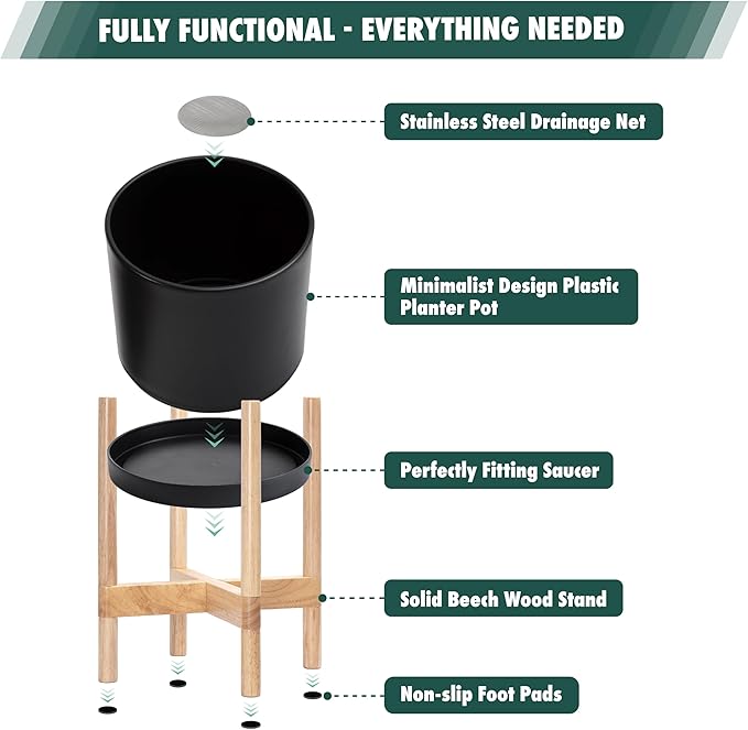 D'vine Dev Planter Pot with Stand - 8 Inch Plastic Cylinder Flower Pot with Wood Planter Holder for Indoor, Matte Black Pot + Natural Stand, 55-C-J-2