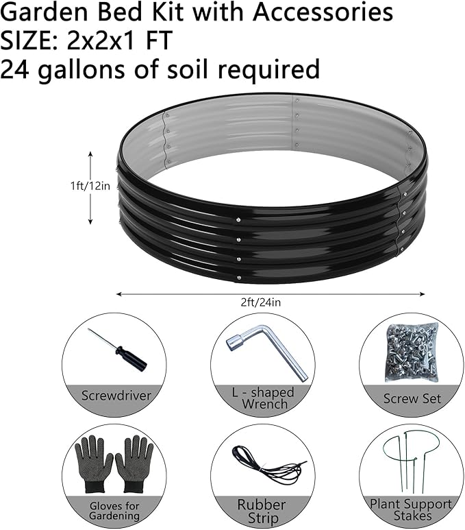 Galvanized Metal Planter Round Raised Garden Bed Kit for Gardening Outdoor,2x2x1ft 2pc Grow Garden Box Raised Flower Bed,Round Galvanized Planter Outdoor Metal Fire Pit Ring Black