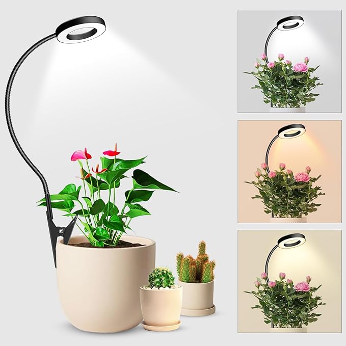 Wolezek 2 in 1 Grow Lights for Indoor Plants, 3 Colors Plant Lights for Indoor Growing with 360ยฐ Gooseneck, 48 LEDs Full Spectrum Plant Grow Lights Indoor, 6/12/16H Timer, 5 Brightness, Black 1 Pack