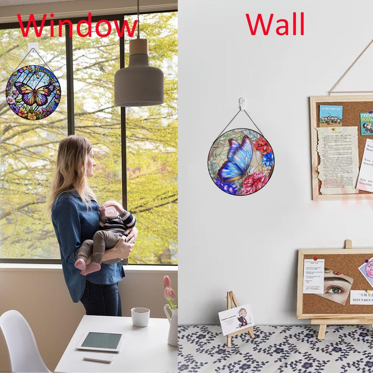Butterfly Hanging Stained Glass for Windows,20cm/7.87inch Hand-Painted Sun Catcher Garden Hangings Christmas Mother's Day, Valentine's Day Ornaments Festival Gift (A Style)