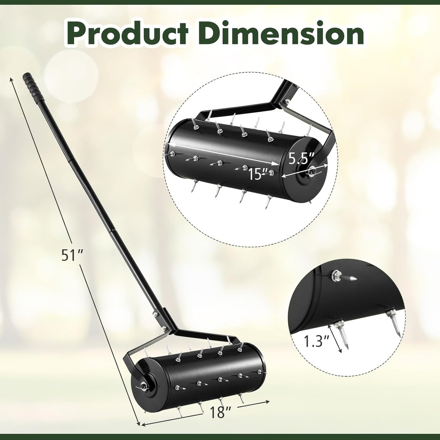 S AFSTAR 18" Manual Lawn Aerator, Heavy Duty Rolling Aerator Lawn Tool Filled Sand Stone with 51" Detachable Handle & Tine Spikes for Soil Loosening, Push Grass Aeration for Garden Yard, Black