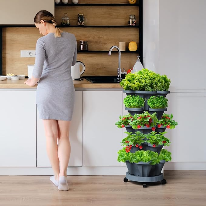 Strawberry Vertical Planter Tower Garden 2 Pack, 6 Tiered Stacking Planter with Support Pole, Stackable Herb Planter Indoor Outdoor Dark Grey