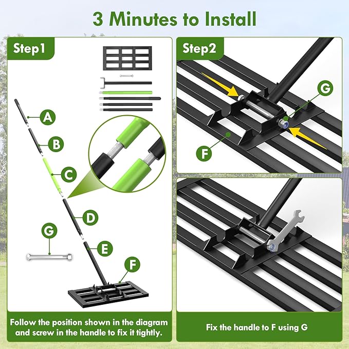 Seeutek Lawn Leveling Rake, 17” x 10” Lawn Leveler with 6.5FT Stainless Steel Handle Rakes for Lawns, 0-180° Adjustable Ground Leveler Tool for Yard, Level Soil Sand Dirt Surfaces