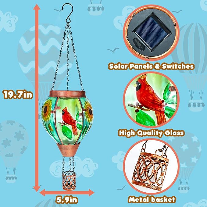 Solar Hot Air Balloon Lantern with Flame, Cardinal Glass Solar Hanging Lights Outdoor Yard Patio Farmhouse Decoration, Cardinal Gifts for Women Grandma Mom - Cardinal