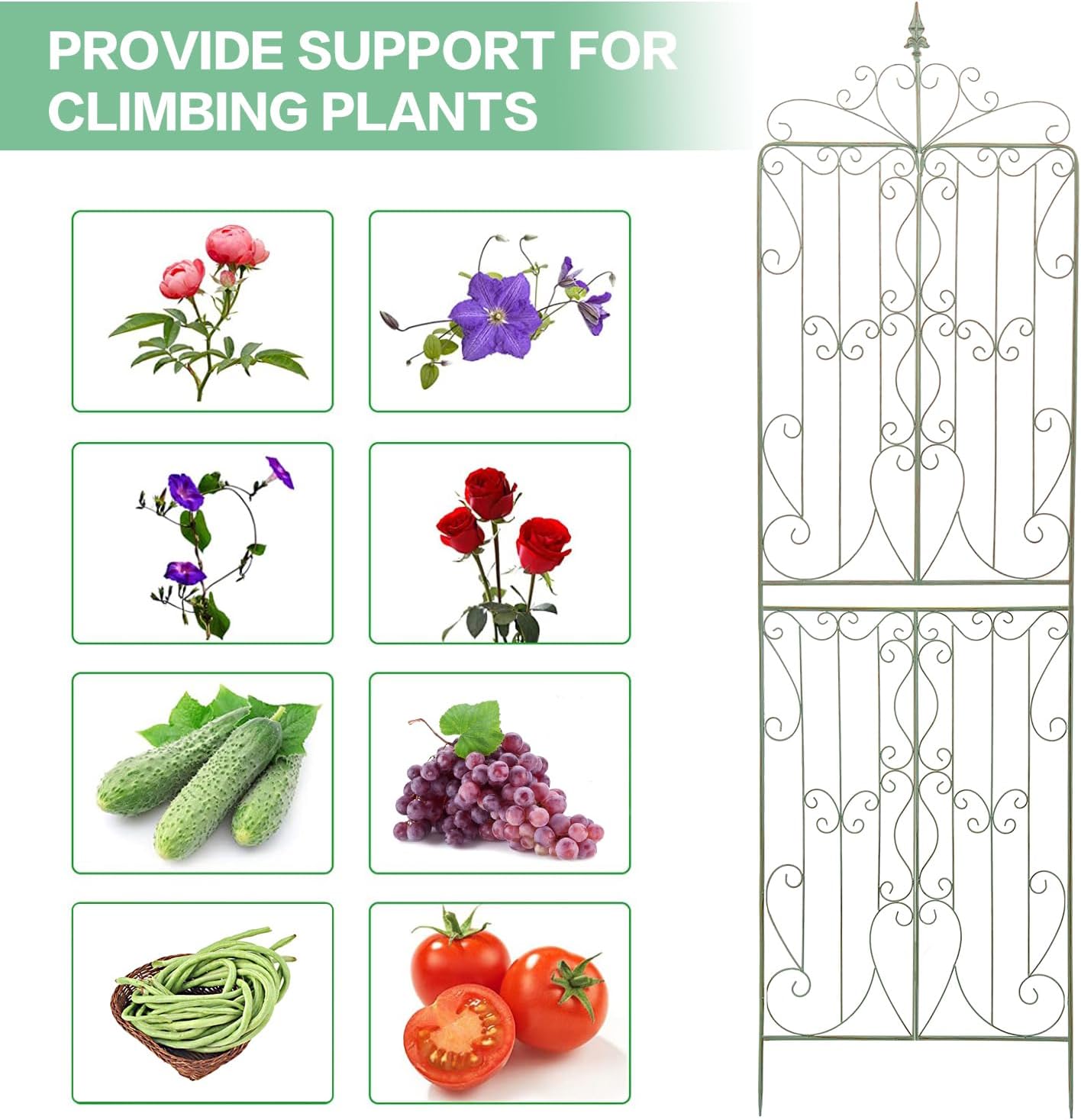 Sungmor 2 Pack Large Garden Trellis for Climbing Plants, 92.5 Inch Tall Rustic Green Garden Metal Trellis, Decorative Trellis for Outdoor Rose Vines Cucumbers Support, Greenhouse, Flowerbed, Backyard
