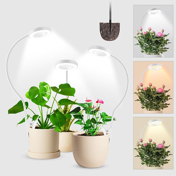 Wolezek 2 in 1 Grow Lights for Indoor Plants, 3 Colors Plant Lights for Indoor Growing with 360ยฐ Gooseneck, 48 LEDs Full Spectrum Plant Grow Lights Indoor, 6/12/16H Timer, 5 Brightness, White 3 Pack