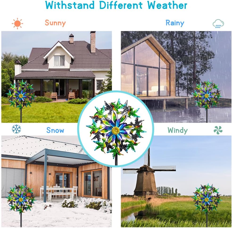 Hummingbird Wind Spinner, Metal Outdoor Wind Sculptures & Spinners, 68.5 Inch Double Windmill Spinner for Yard Lawn Garden Decor