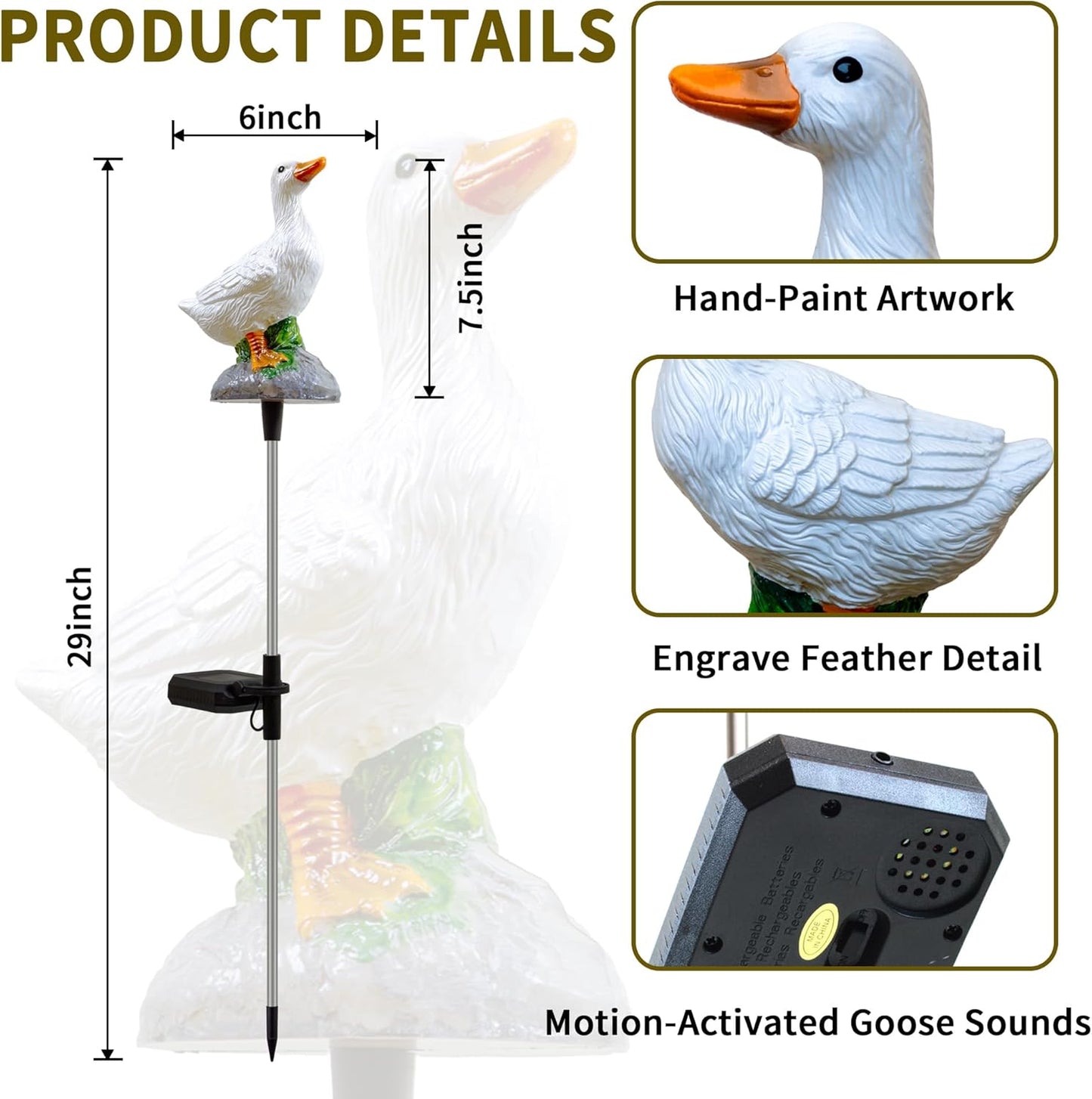 Solar Porch Goose Statue Garden Decor, 29 inch with Motion-Activated Sound Outdoor Decor for Lawn Patio Yard Balcony - Unique Gift for Garden Lovers