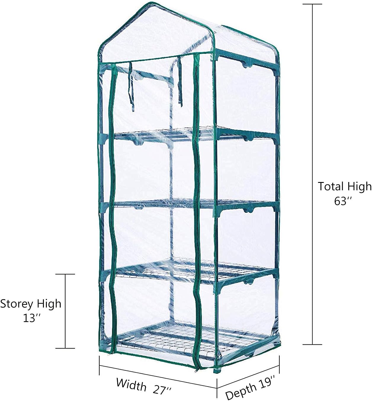 Worth Garden 4 Tier Mini Greenhouse - 63'' H x 27'' L x 19'' W - Sturdy Portable Gardening Shelves with PVC Cover - Small Green House Use in Indoor & Outdoor for Plants Flowers