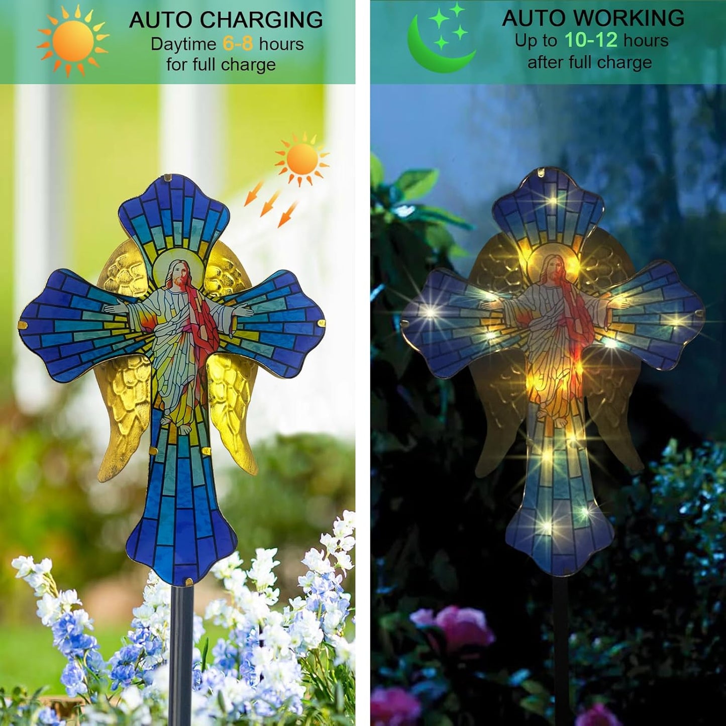 WAIU Solar Cross Garden Light,Grave Decorations,Golden Angel Wings,for Remembrance Gifts,Christmas Yard Decor Outdoor