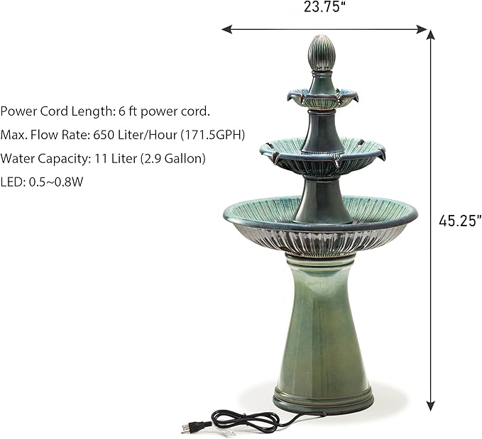 Glitzhome Water Fountain Outdoor Floor-Stand Fountain with LED Light & Pump, Oversized 3 Tier Ceramic Turquoise Waterfall Patio Fountains and Waterfalls Outdoor Yard Fountains for Lawn Garden Backyard