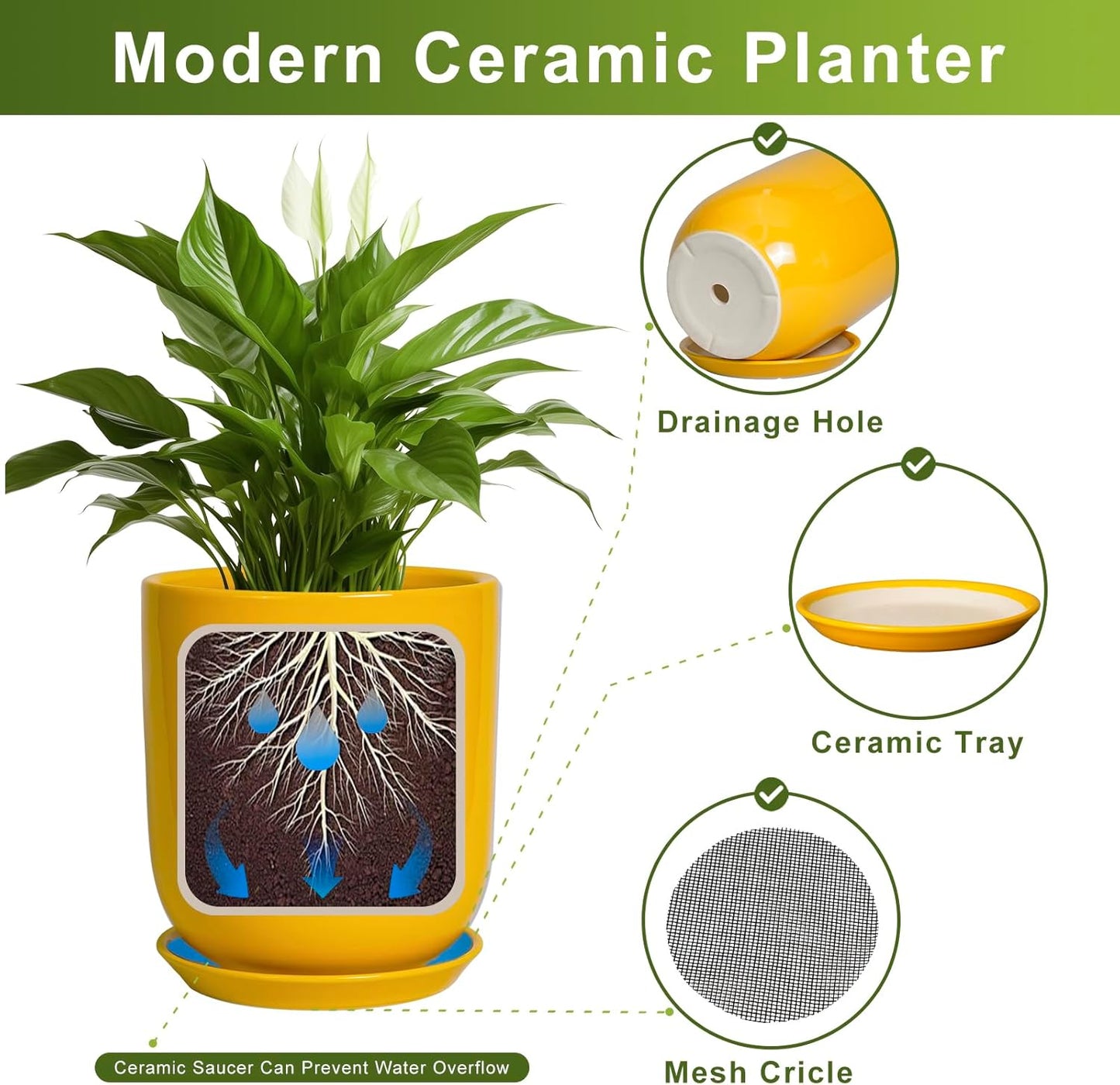 Ceramic Pot for Plants - 10 Inch Plant Pot Indoor with Drainage Hole and Saucer Large Planter for Outdoor Plants Cylinder Decorative Flower Pot Yellow