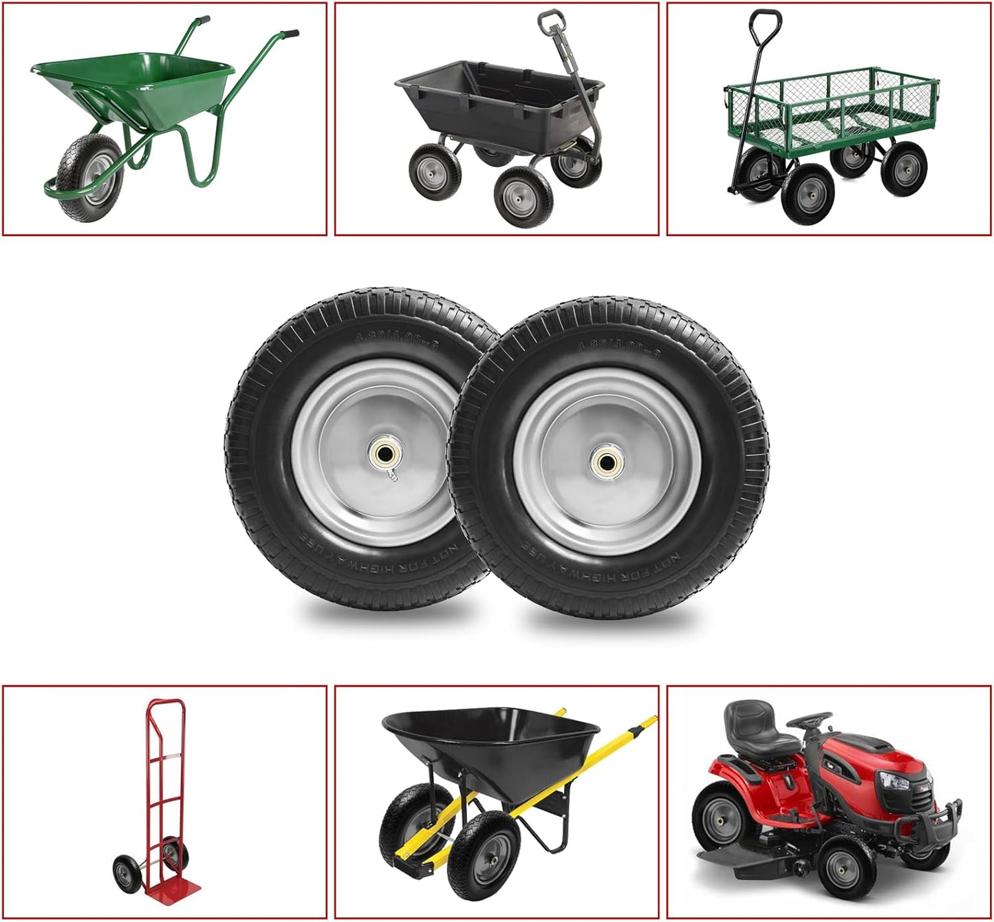 16" Flat Free Wheelbarrow Tires,4.80/4.00-8"Flat-Free Solid Tire with 3" Centered Hub,5/8" & 3/4" Bearing For Wheel Barrow Garden Utility Cart Lawn Mover Replacemen(2 Pack)