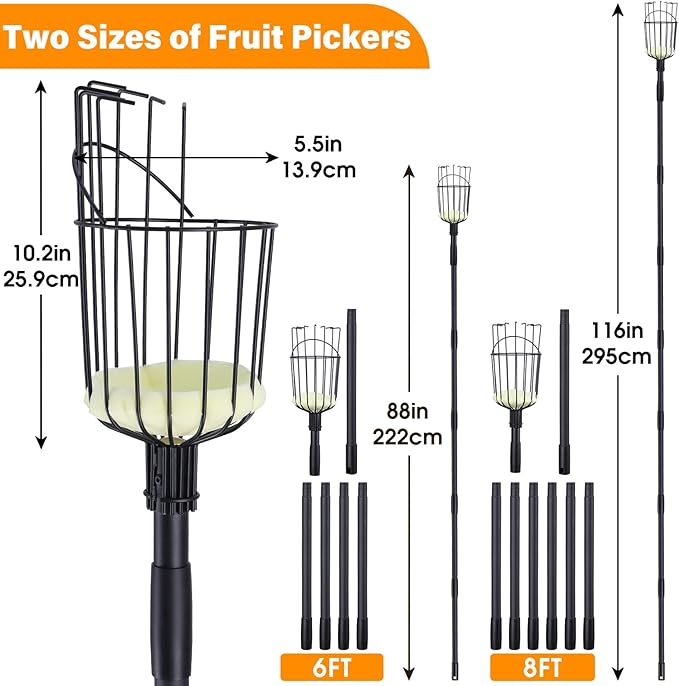 Fruit Picker Pole Tool with Basket, 7.3 FT (88 Inch) Adjustable Fruit Grabber Reacher Tool Long Handle Fruit Catcher for Apple Lemon Pear Citrus Mango Tree Gardening Supplies, Black