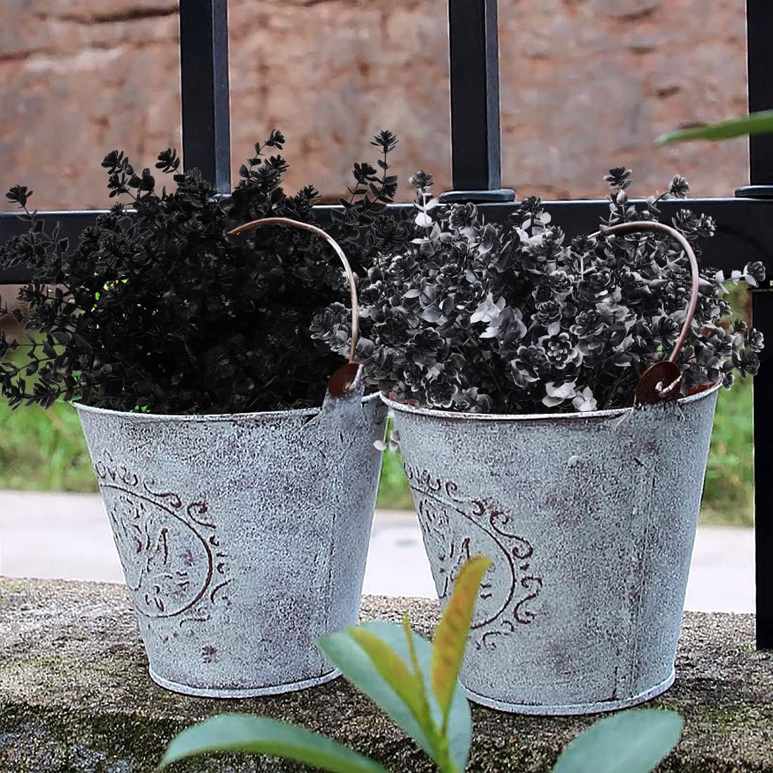 RECUTMS Black Artificial Flowers, 12 Pcs Fake Outdoor UV Resistant Plants Faux Plastic Greenery Shrubs Indoor Outside Hanging Planter Flower Decoration, Garden Decor (Black+White)