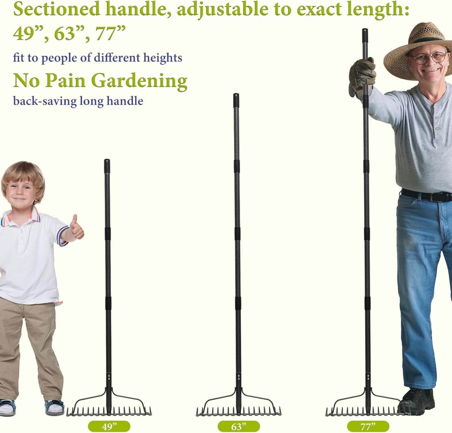 Adjustable Bow Rake Heavy Duty, Dual-Sided Steel Garden Rake Tool for Gathering Leaves, Pine Straw, Thatching, Breaking Up Soil, Leveling Gravel