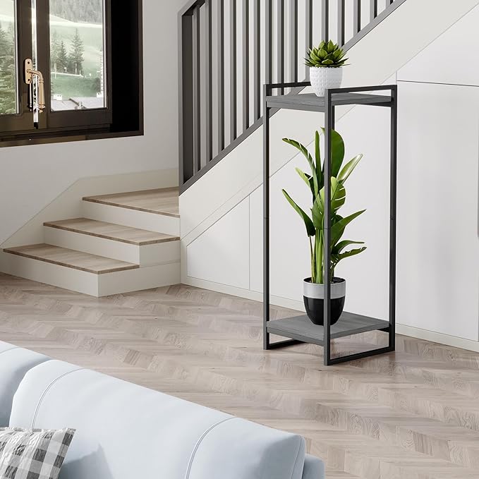 34" Tall Plant Stand Indoor, 2-Tier Modern Plant Shelf Corner Flower Pot Holder Organizer for Living Room Balcony Garden, Oak Grey