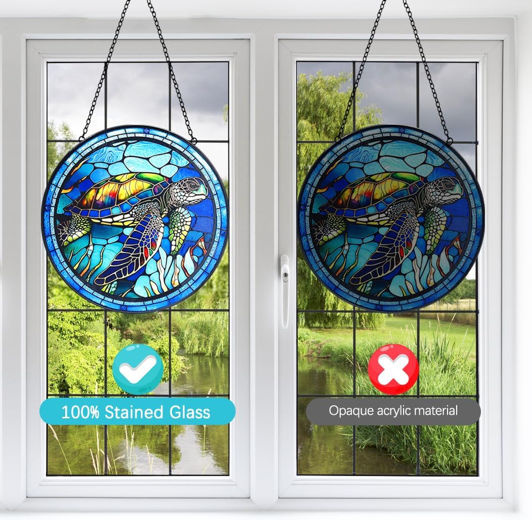 Stained Glass Turtle Suncatcher Window Hanging - Handmade Sea Turtle Suncatchers for Windows with Hooks - Sea Glass Wall Art Home Decor Outdoor Garden Sun Catcher - Birthday Gifts for Mom Grandma
