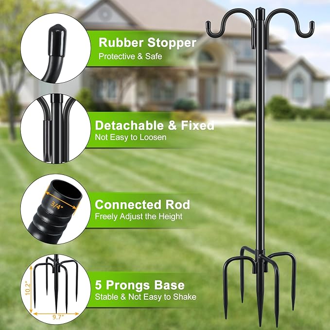 Gtongoko Double Shepherds Hook for Outdoor, 2 Pack 61.5 Inch Heavy Duty Bird Feeder Pole 3/4 Inch Thick Garden Hooks for Hanging Hummingbird Feeder, Plant Baskets, Solar Light Lanterns