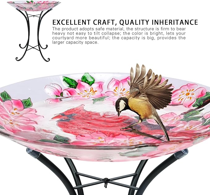 MUMTOP Outdoor Glass Birdbath with Metal Stand for Outside Lawn Yard Garden Cardinal Decor,18??Dia/21.65 Height