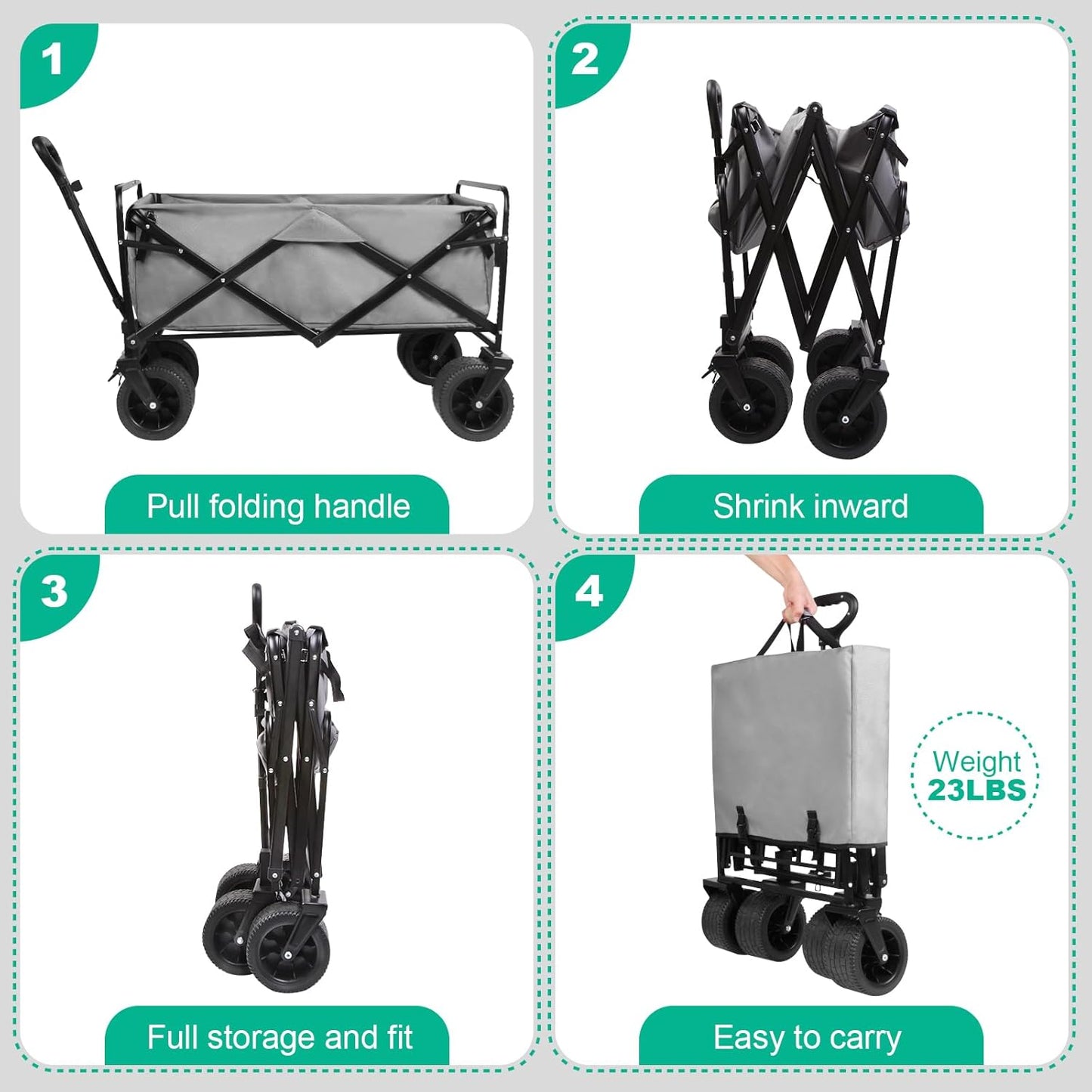 MMQ Heavy-Duty Folding Wagon with 550lbs Weight Capacity, Collapsible Wagon with Big Wheels - Robust Construction, Spacious Interior, Adjustable Rolling Carts, Outdoor Folding Camping Wagons, Portable