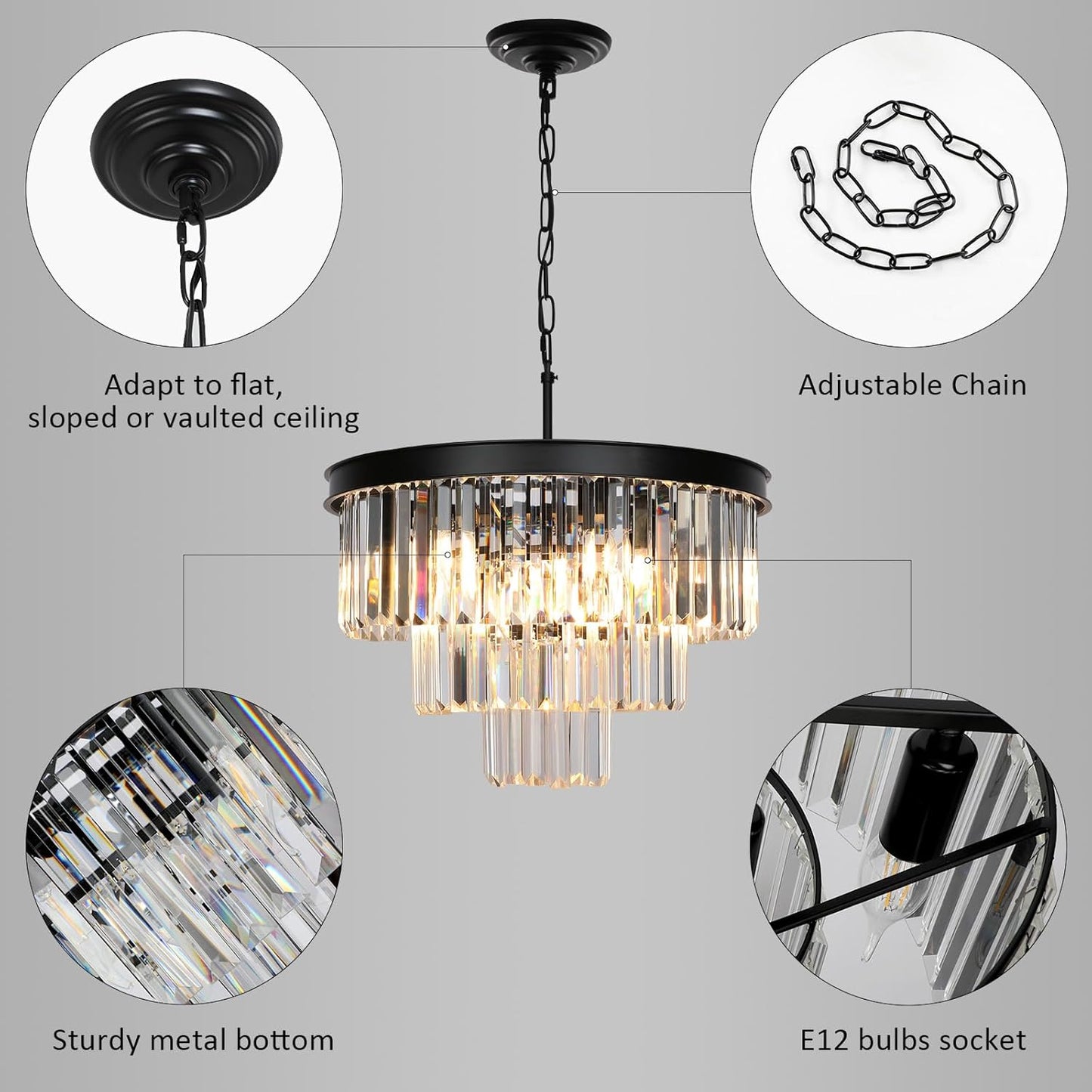 Crystal Chandeliers for Dining Room Lights Fixtures, 9 Lights Black Modern Chandeliers for Bedroom, 3-Tier Round Crystal Lighting Fixtures for Living Room Entryway Kitchen Island D20 Inch