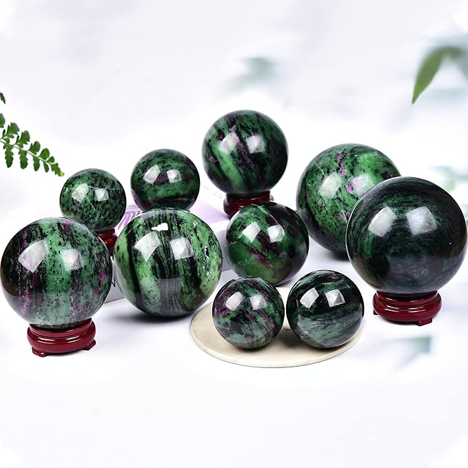JIC Gem Natural Ruby Zoisite Quartz Crystal Sphere Balls with Wood Stand Red&Green Treasure Gemstone Decorative Orbs Reiki Energy Healing Crystal Ball (60-70mm)