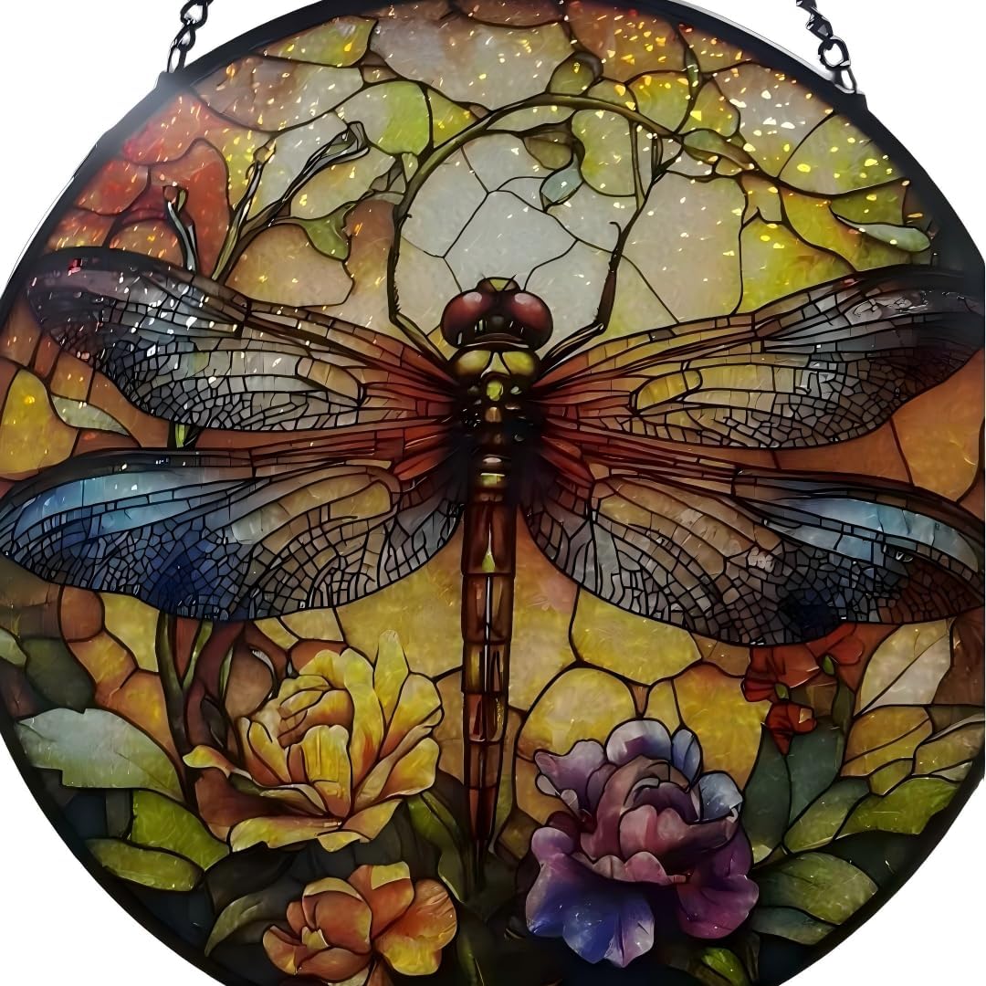 Dragonfly Handmade Stained Glass Window Hanging Suncatcher with Chain - 7.9" Outdoor/Indoor Art Decor for Home Garden, Wedding, Mother's, Valentine's & Christmas Ornaments Present