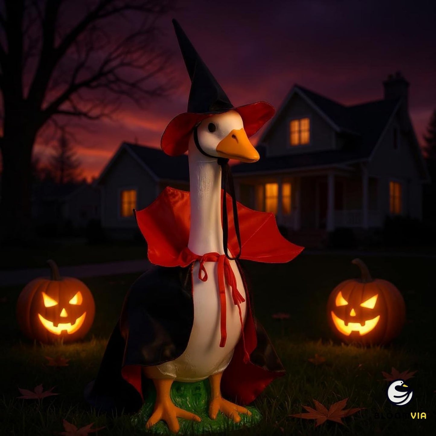 Lawn Goose Outfit – Glossy Cape & Adjustable Hat for 23″ Goose Statue – Halloween & Vampire & USA Flag Costume