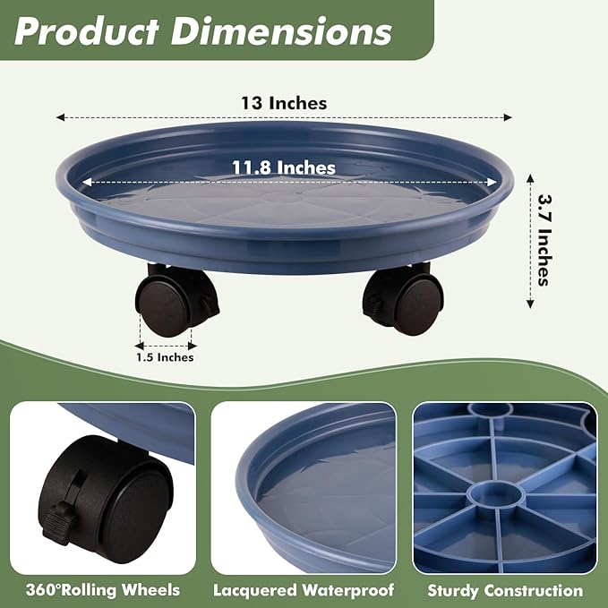 8 Packs Plastic Plant Caddy with Wheels 12" Plastic Rolling Plant Stands Heavy-Duty Plant Dolly with Casters Indoor and Outdoor Plant Roller Base Wheels, Blue