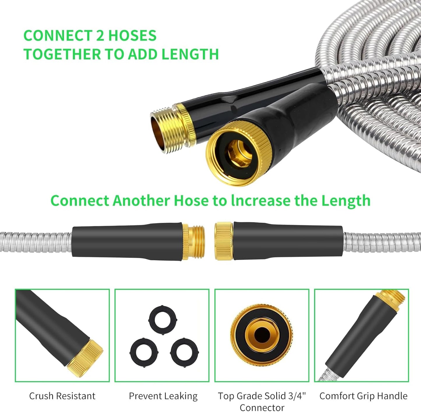 50FT Water Hose,Lightweight, Puncture & Rust Proof Heavy Duty Stainless Steel Metal 50FT Garden hose for Yard, RV, Garden, Outdoor