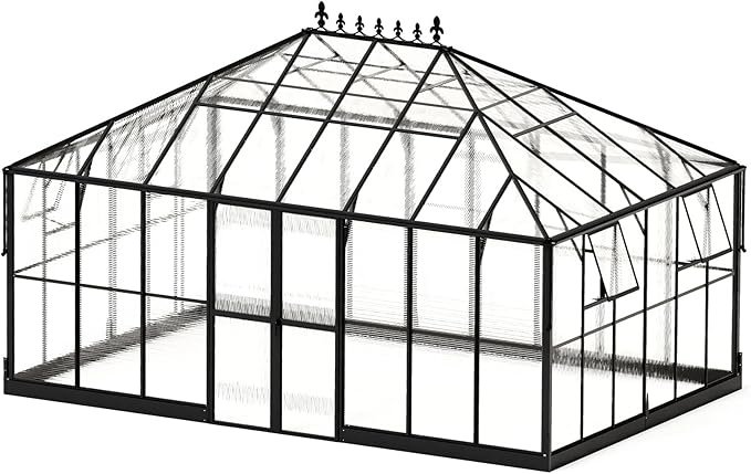 HOWE 16x12x9.5 FT Polycarbonate Greenhouse for Outdoors, Pavilion Style Greenhouse with 4 Vent Windows, Lockable Double Doors, Ideal for Garden & Patio Use, Black