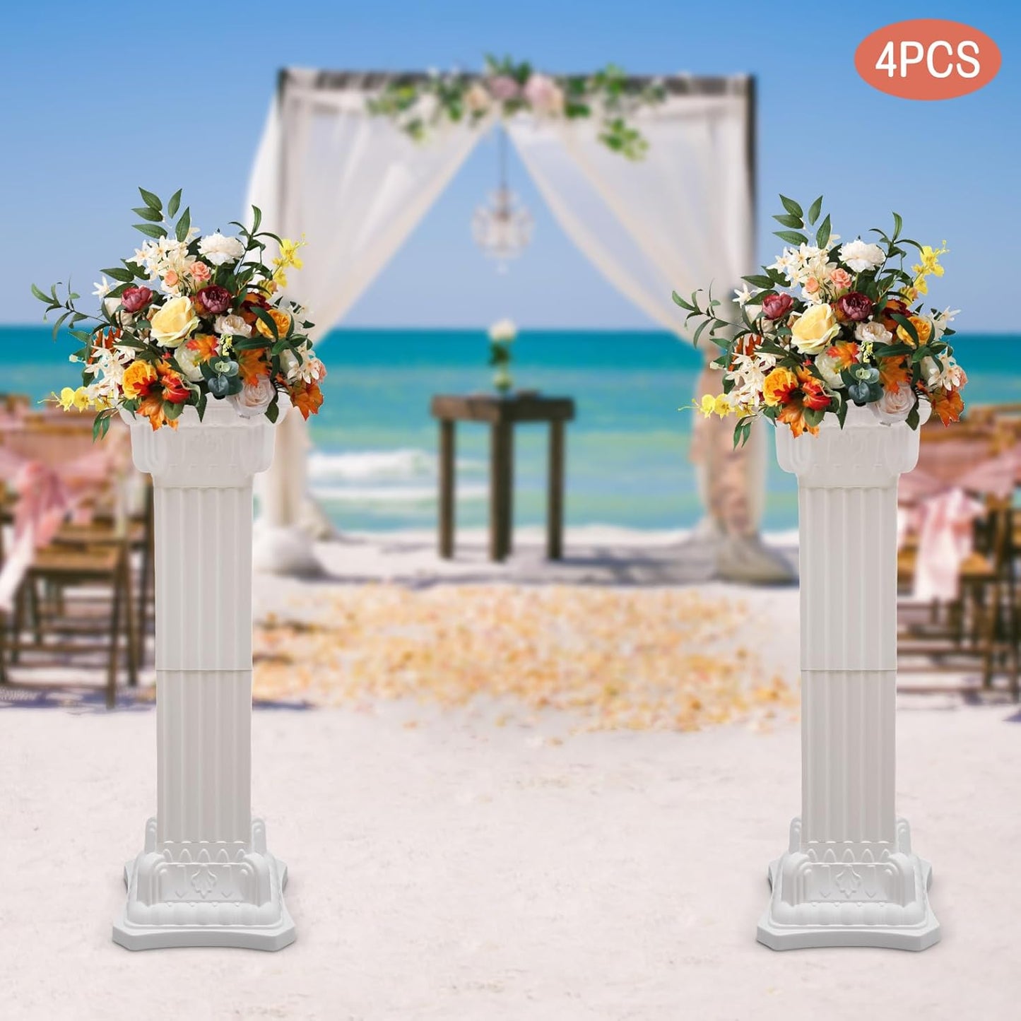 Roman Column Pedestal, Plastic White Columns for Weddings Indoor/Outdoor Roman Pillar Stand for Table Sculptures, Vase, Garden Decor (4PCS, 11.8 x 35.4 Ihch Square)