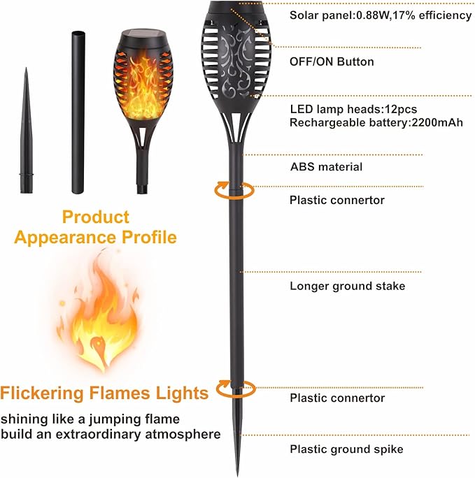 Solar Lights Outdoor, 12Pack Solar Torch Light with Flickering Flame for Garden Decor, Waterproof Outdoor Lighting Landscape, LED Flame Torches for Outside Patio Pathway Yard Decorations