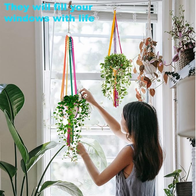 Rainbow Colorful Macrame Plant Hanger with 4 Hooks, Hanging Plant Holder Indoor Outdoor, Handmade Cotton Rope for Boho Room Decor Hanging Ceiling Decor,2 Pack