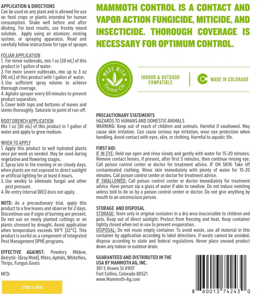 Mammoth Control - Concentrated Miticide, Fungicide and Insecticide - Made with Thyme Oil (500 ml)