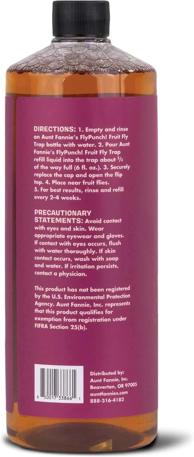 Aunt Fannie's FlyPunch Fruit Fly Trap for Indoor and Kitchen Use, Ready to Use, Made with Plant Based Ingredients, Safe Near Food, Long Lasting, 32 oz Refill