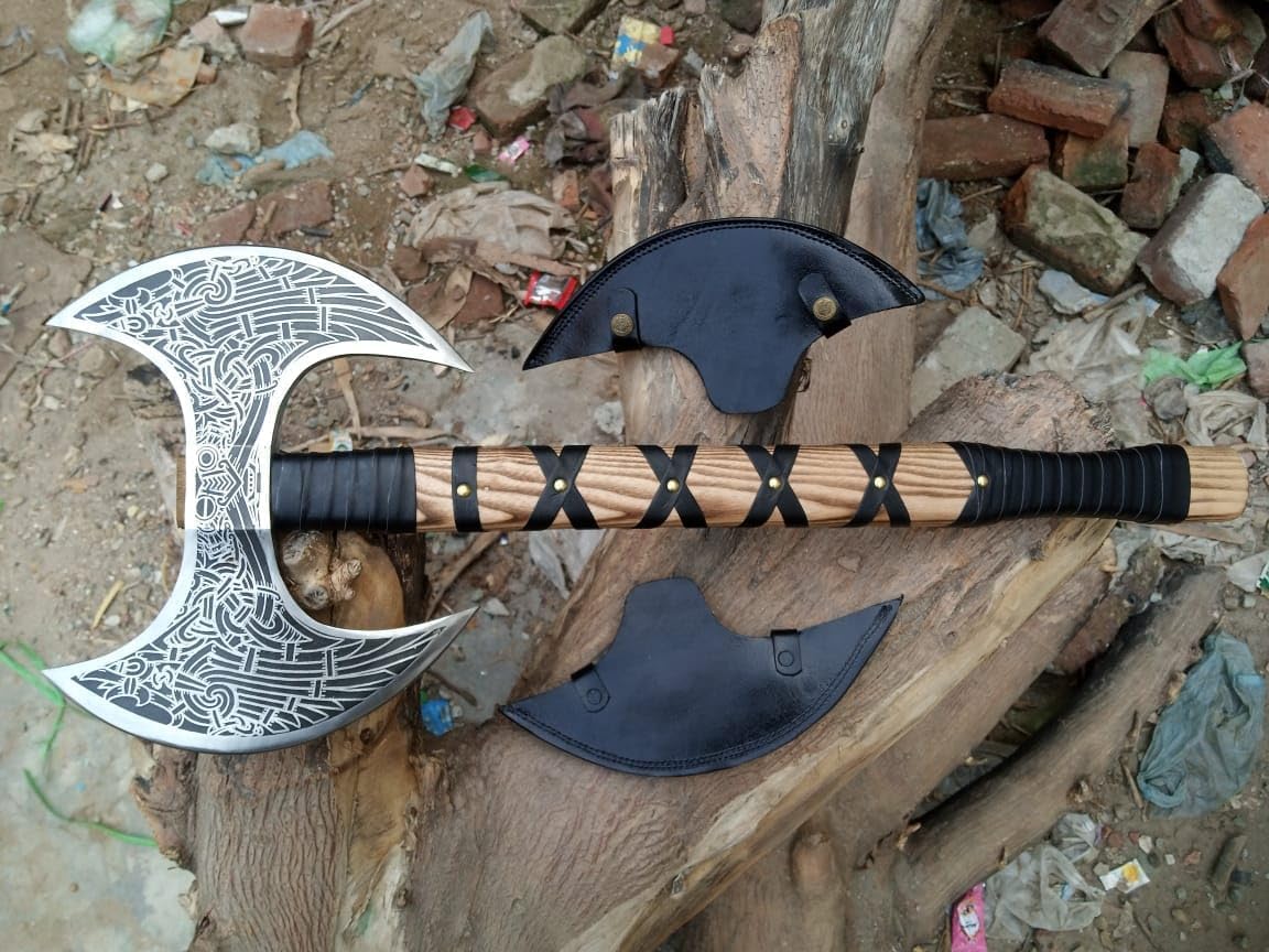 Viking Axe of Ragnar Lothbrok Norse Hunting Ax Sharp Blade Hunting Axe, High Carbon Steel Blade with Rose Wood Handle Camping Axes Viking Hatchet Gift for Dad (Double Head)