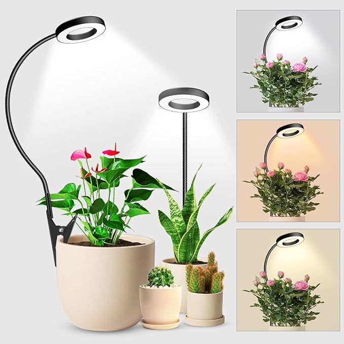 wolezek 2 in 1 Grow Lights for Indoor Plants, 3 Colors Plant Lights for Indoor Growing with 360ยฐ Gooseneck, 48 LEDs Full Spectrum Plant Grow Lights Indoor, 6/12/16H Timer, 5 Brightness, Black 2 Pack