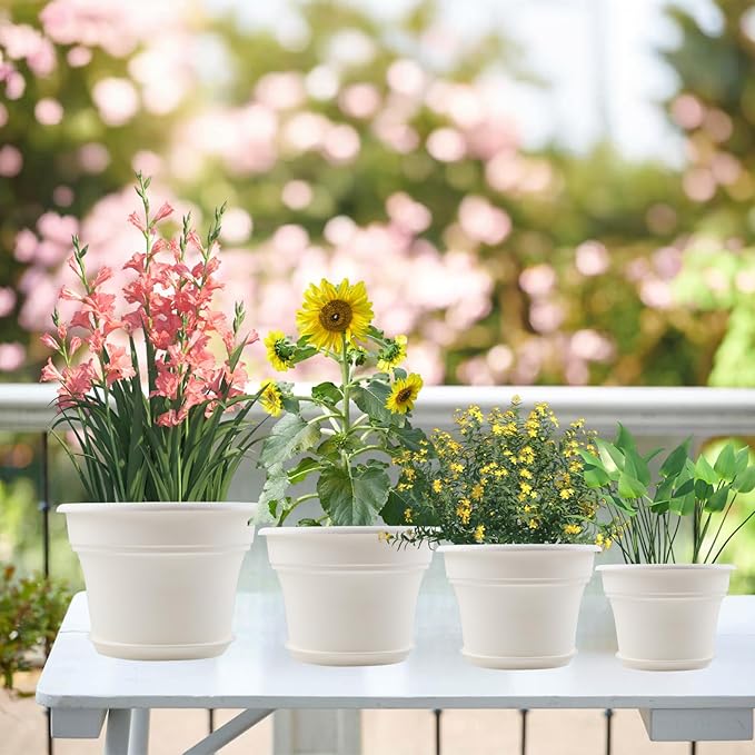 9 Inch Plastic-Flower Pot-for-Indoor Plants, 4 Pack Large Outdoor Planter Pot with Drainage Holes & Saucers, Resin Decorative Garden Pots Planters