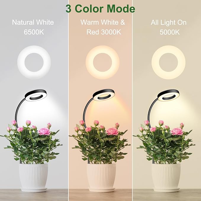 wolezek 2 in 1 Grow Lights for Indoor Plants, 3 Colors Plant Lights for Indoor Growing with 360ยฐ Gooseneck, 48 LEDs Full Spectrum Plant Grow Lights Indoor, 6/12/16H Timer, 5 Brightness, Black 3 Pack