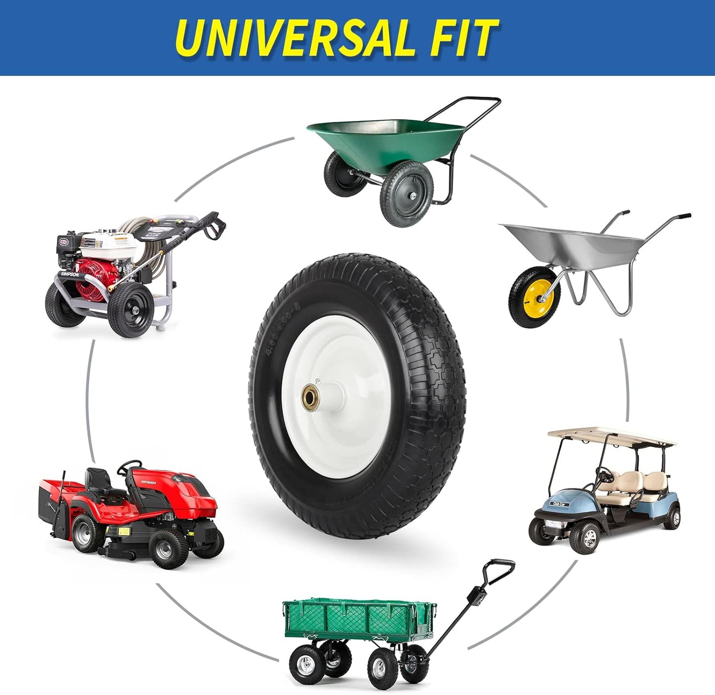 4.80/4.00-8" Flat-Free Tire and Wheel 16" Solid Wheelbarrow Tire, 6" Centered Hub, 5/8" Axle Bore Hole for Wheel Barrow Garden Utility Cart Replacement