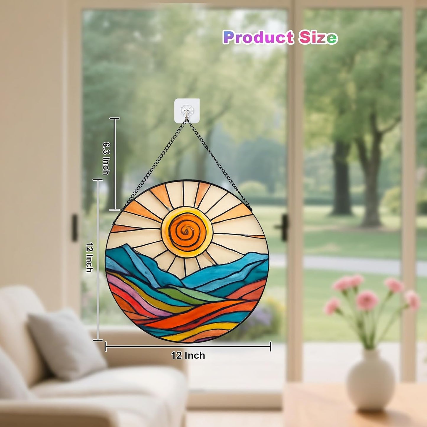 Stained Glass Window Hanging – Sunrise Sun Catcher Round Diamond Glass Panel, Abstract Ocean Window Decor, Suncatchers for Windows Hanging Gift for Women & Mom (12 Inch)
