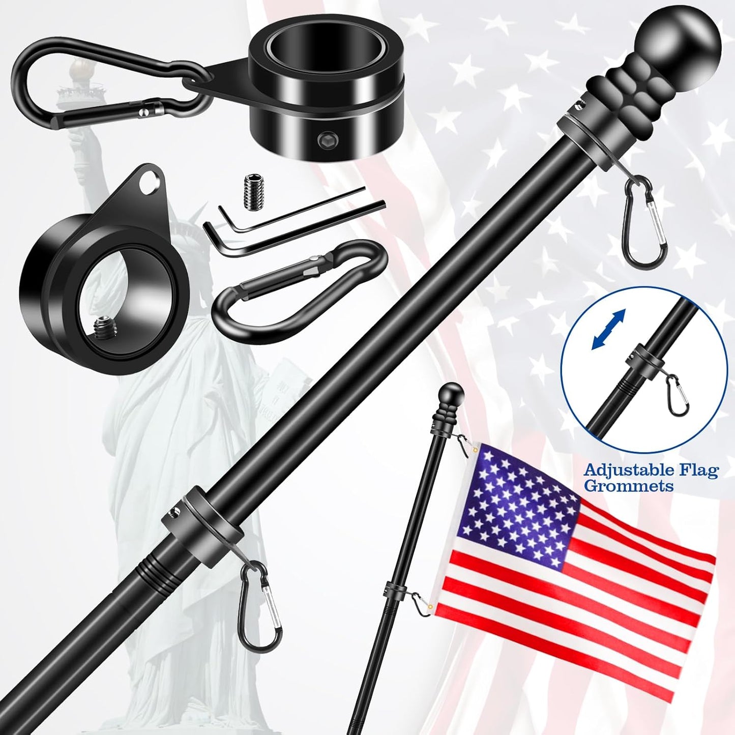 Flag Pole Rings, 1" Spinning Flagpole Ring Clips, 2 Pcs Aluminum Alloy & Steel 360° Rotating Anti Wrap Flag Mounting Rings with Snap Carabiners for 0.75-1.02 Inch Diamete Flagpole (Φ1, Black)