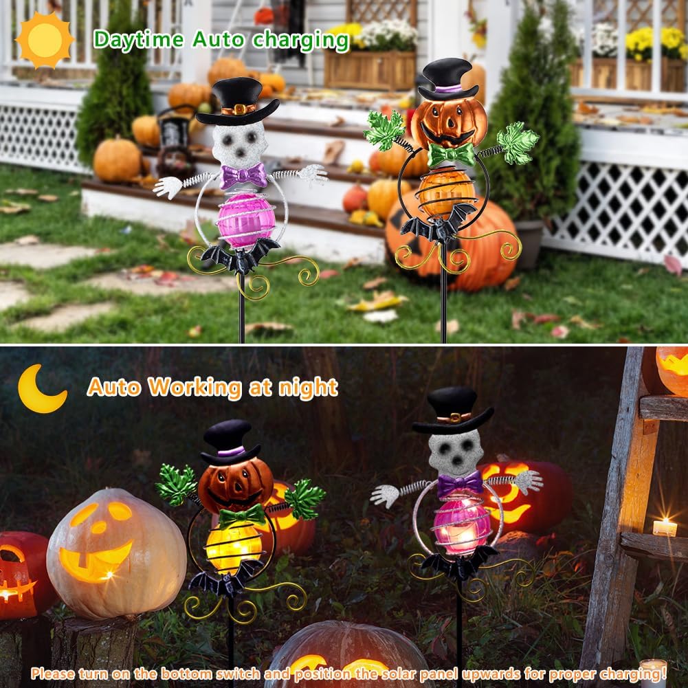Solar Halloween Decorations Outdoor,2 Pack Pumpkin&Skull Halloween Metal Yard Stakes,Solar Yard Signs Decorative Garden Stakes for Outside Lawn Patio Pathway