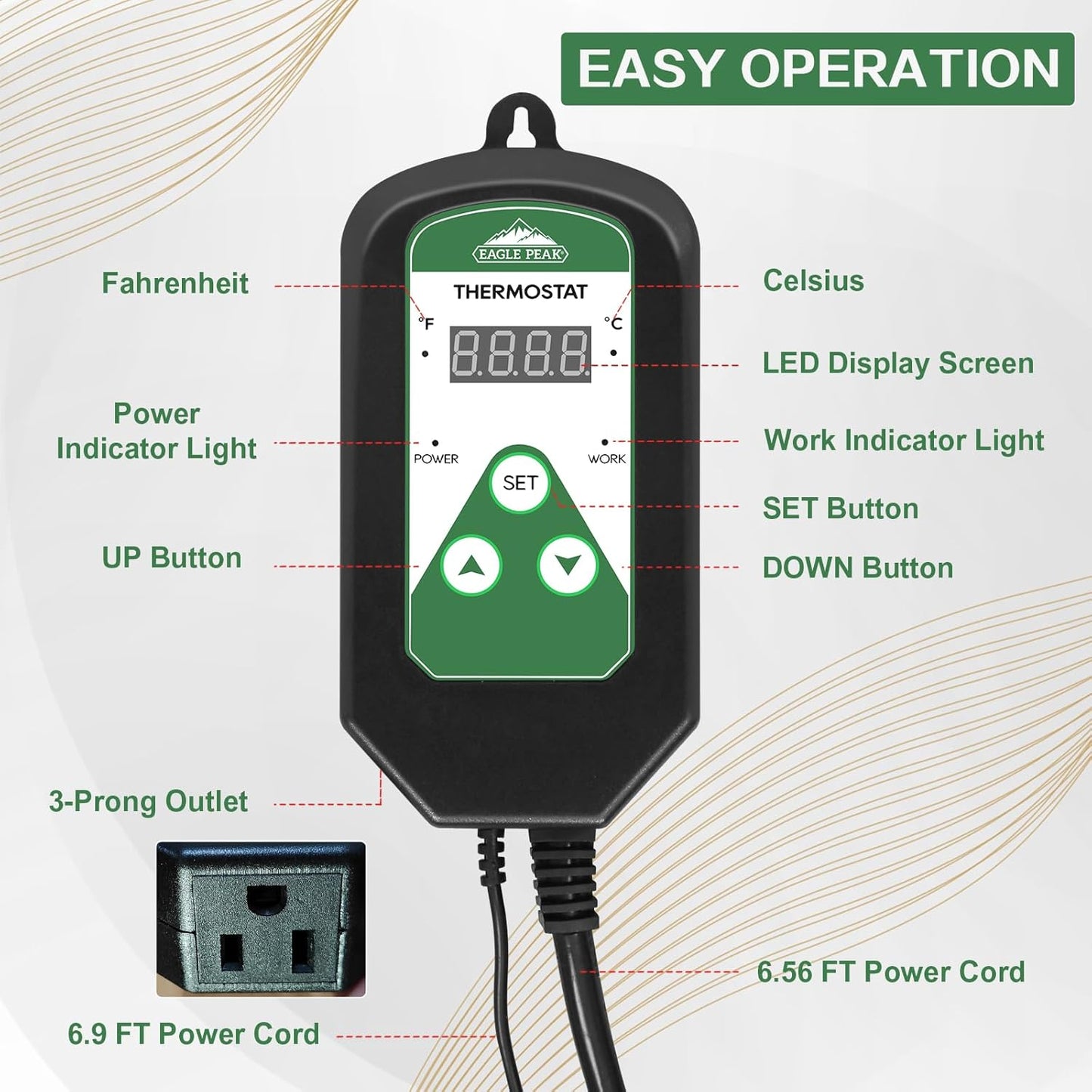 EAGLE PEAK Digital Heat Mat Thermostat Controller 42–108 °F for Heat Mat, Greenhouse, Heater Fan, Seedling, Germination, Fermentation and Reptiles, 15A/1800W