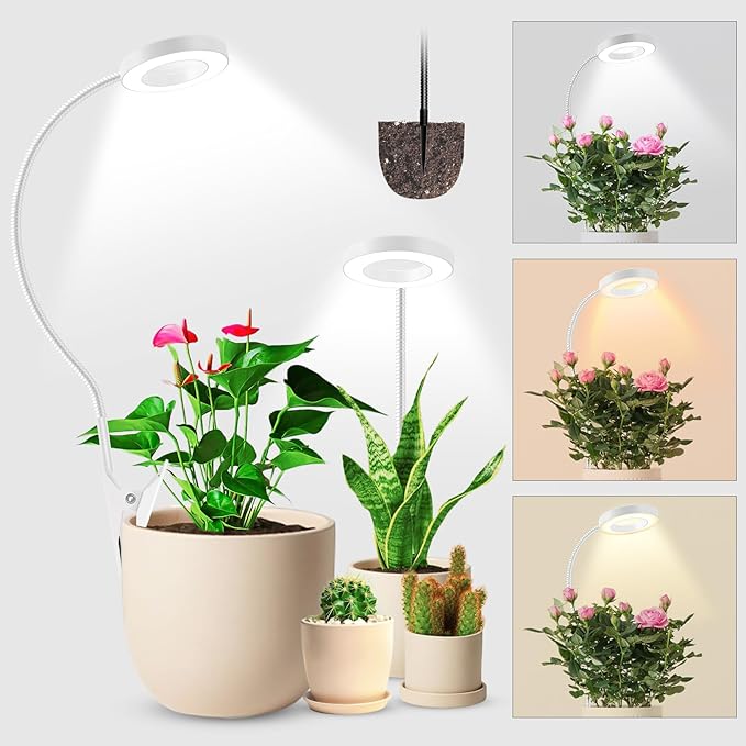 Wolezek 2 in 1 Grow Lights for Indoor Plants, 3 Colors Plant Lights for Indoor Growing with 360ยฐ Gooseneck, 48 LEDs Full Spectrum Plant Grow Lights Indoor, 6/12/16H Timer, 5 Brightness, White 2 Pack