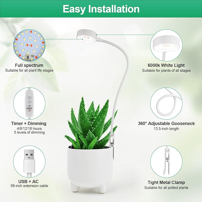Pot Clip LED Grow Lights for Indoor Plants, Full Spectrum with 5-Level Dimmable, Auto On Off 4/8/12/18 Hrs Timer for Succulents, Small Plant, White, 5V, 3 Pack.