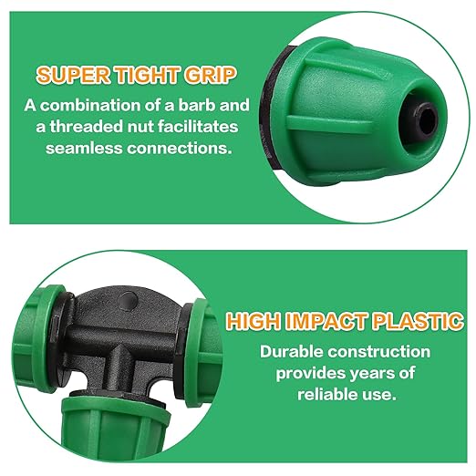 Upgraded 1/4" Drip Irrigation Fittings:50 Pieces Set-20 Couplings 15 Tees 10 Elbows 5 End Plugs, Leak Free Barbed Locked Nut Connectors for 1/4 Inch Irrigation Tubing