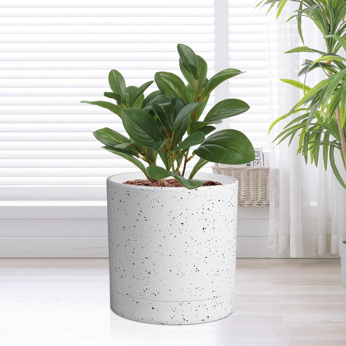 7/6.5/6/5/4 inch Plant Pots, 5 Pack Cylinder Flower Pots for Small Indoor Outdoor Plants, Plastic Planters with Drainage Holes and Saucers for Garden Succulent House Plants, Speckled White